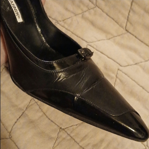 Manolo Blahnik Patent & Kid Leather High Heels 90mm Pumps Pointed Toe Buckle Det - Picture 13 of 17